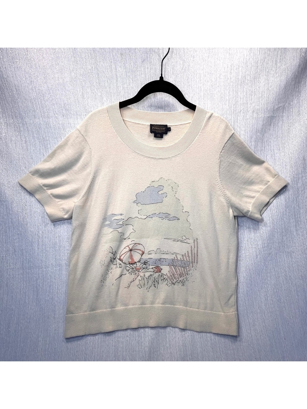 Pendleton Cream Short Sleeve Cotton Sweater with Beach Scene Print Size L